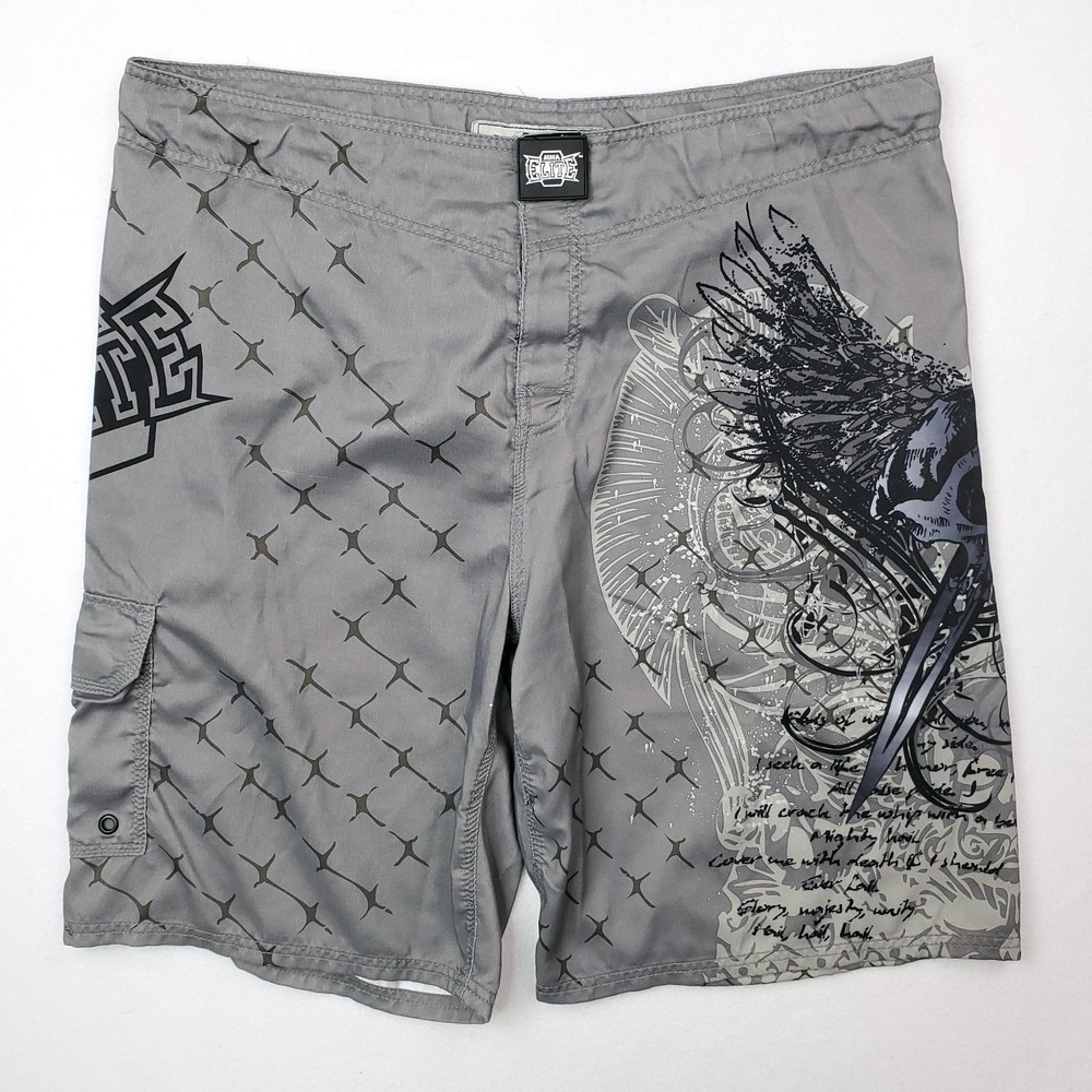 MMA Elite‎ Shorts Mens Extra Large Gray Skull Eagle Barb Wire Cargo Boardshorts